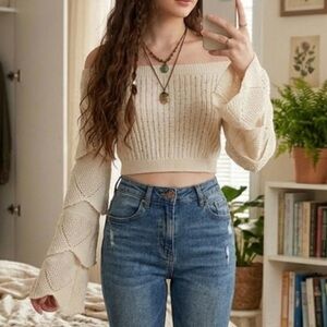 Elegant Cream Off-Shoulder Knit Crop Top